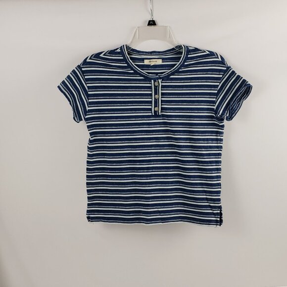 Madewell XXS Blue White Stripe Womens T-shirt Top Summer Spring Buttons - Picture 1 of 13